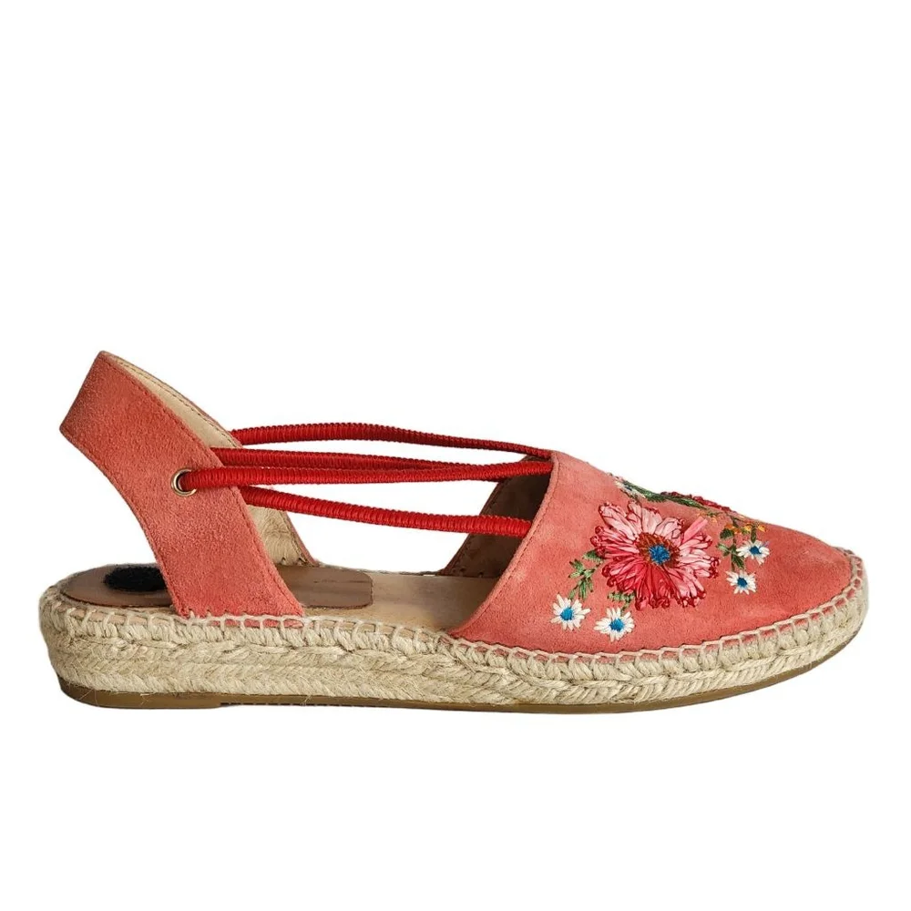 KANNA Coral Red Floral Embroidered Espadrilles Size 39 8.5